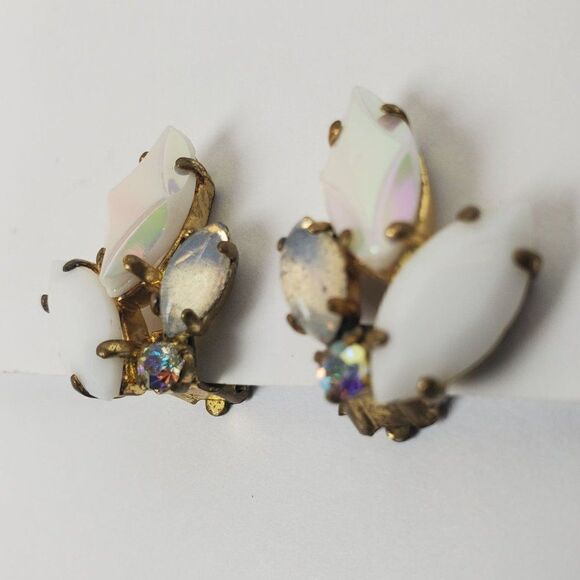 Vintage West Germany White Clear AB Crystal Rhinestone Glass‎ Clip On Earrings - Picture 4 of 12